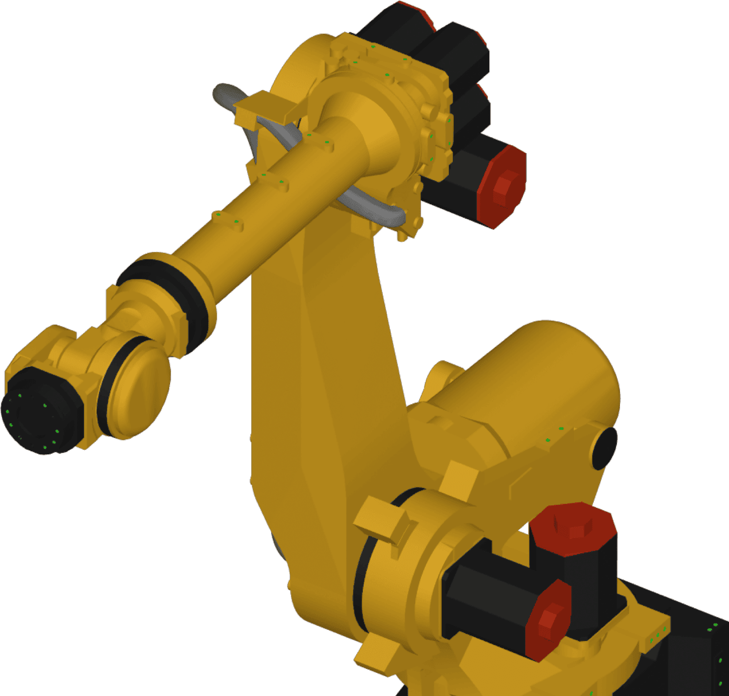 3D rendering of a yellow six-axis Fanuc robot arm.